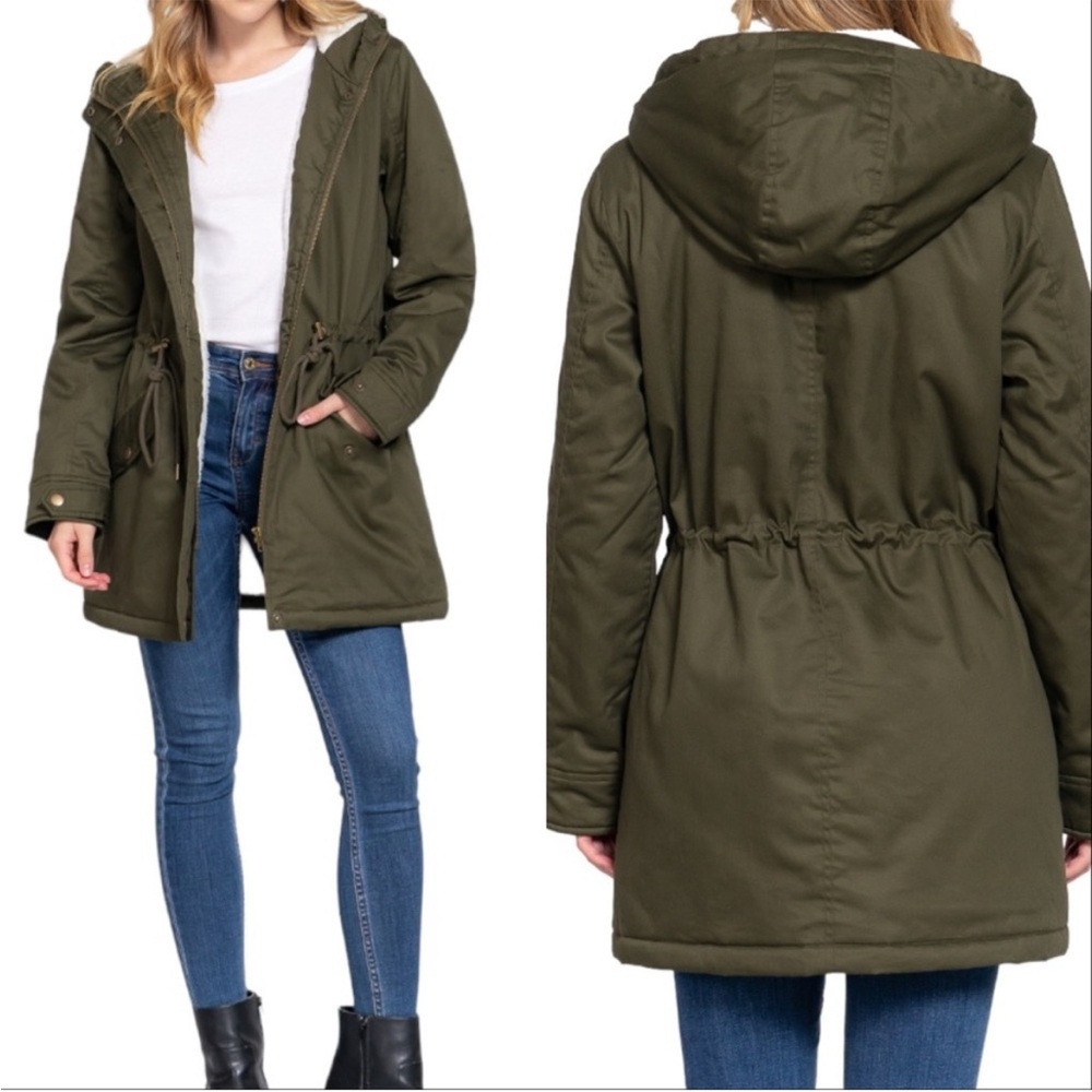 Ellison Olive Green Sherpa-Lined Hooded Puffer Jacket, M